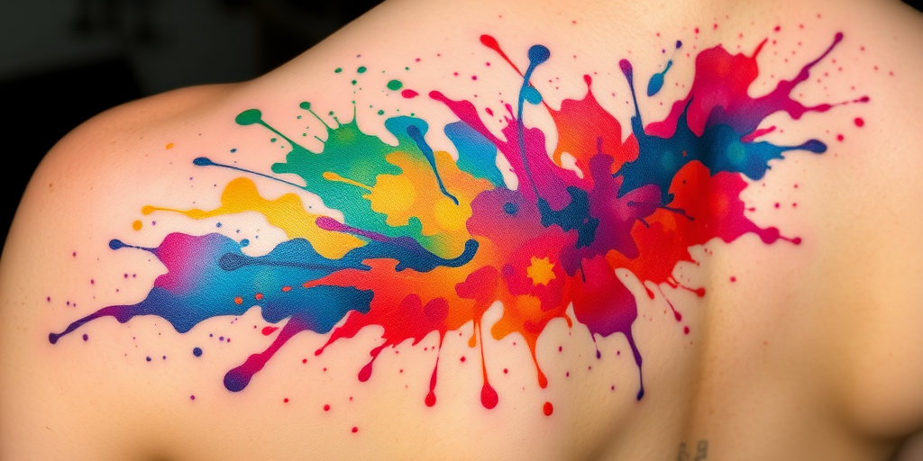 Watercolor splash tattoo called "Chromatic Explosion" resembling an abstract painting with vibrant hues blending and splashing across the skin in a seemingly random pattern