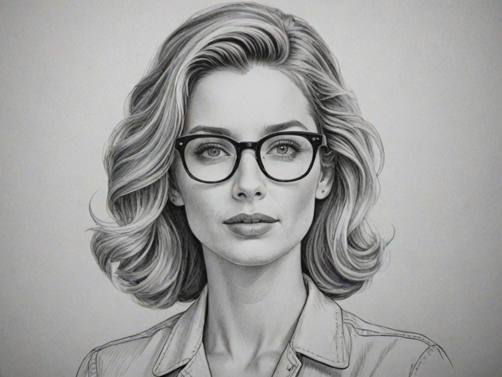 Sublime Annabelle Wallis, pencil sketch, portrait of Fascinating woman 1952s in glasses, hair style beatnik, outline, clear lines, fine lines, 8k