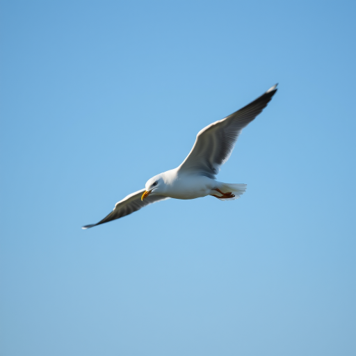 seagull in mid-flight against a clear blue sky, shot with a Canon EOS R5, 100mm lens, f/4 aperture, ISO 200, shutter speed 1/2000 sec, focus on the bird with a soft background blur.