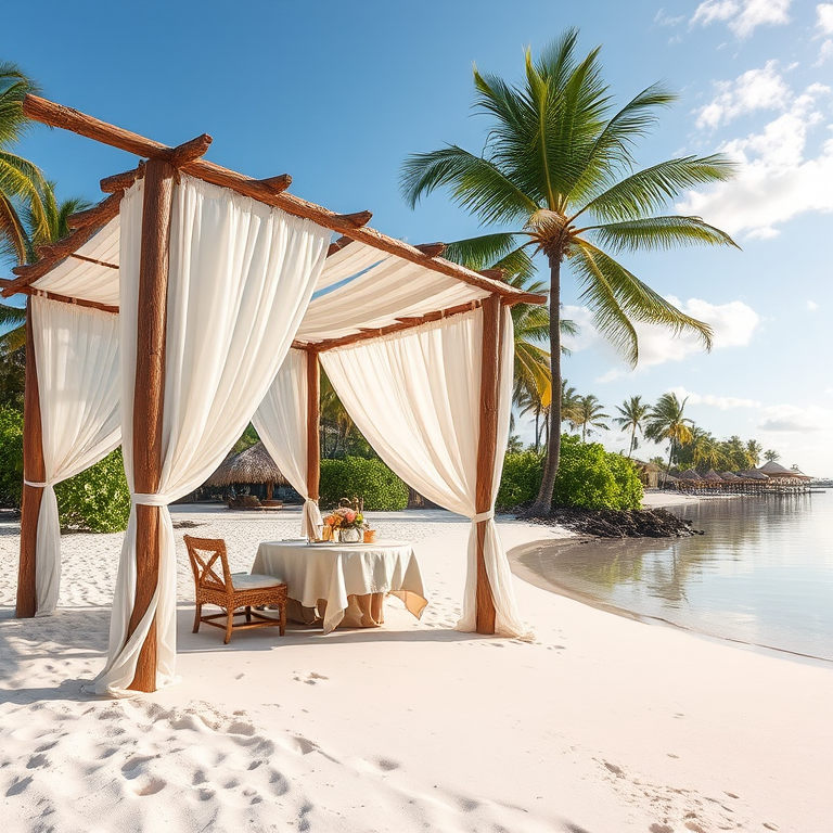 Create a picturesque tropical beach scene featuring a serene, white sandy shore. In the foreground, there's a rustic wooden canopy with white drapes gently flowing in the breeze. Underneath the canopy, a table is set with tropical decor, evoking a sense of relaxation and leisure. The beach extends into a calm, shallow water area with reflections of the sky and surroundings. Palm trees and lush greenery line the edge of the beach, providing a natural, tropical backdrop. The sky is clear with a few scattered clouds, and the overall atmosphere is tranquil and inviting, perfect for a peaceful retreat.