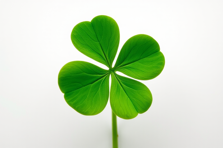 Generate a high-quality image of a vibrant green four-leaf clover on a plain background, 50mm lens, f/2.8 aperture, 1/200 sec exposure, captured with a DSLR camera in macro view to highlight the details of the leaves.