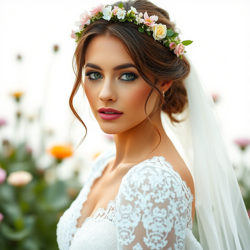 Garden scene, bridal model, delicate lace gown, floral headpiece, soft romantic focus, high-key lighting and an 85mm lens for soft, even tones that highlight the model’s face and bright outfit against a white or light background
