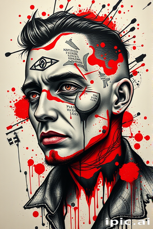 Avant-garde trash polka tattoo called "Urban Chaos" combining realistic portraits with abstract splashes of red and black ink, incorporating text elements and graphic design motifs