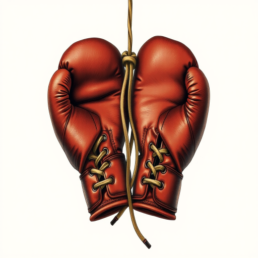 Create a detailed illustration of vintage boxing gloves tied with laces, in a realistic style with a shallow depth of field, using a DSLR camera at f/2.8 aperture, ISO 100, and a focal length of 50mm, centered within a soft light box setup.