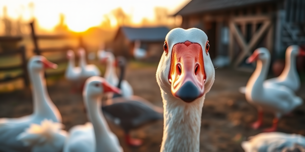 A serene village scene with a close-up of a goose in focus, surrounded by other geese and a rustic farm background, captured at sunrise with soft natural lighting, using a DSLR camera, aperture f/2.8, shutter speed 1/125s, ISO 100, wide-angle lens, vibrant colors and a shallow depth of field to enhance the details of the goose and the farm setting.