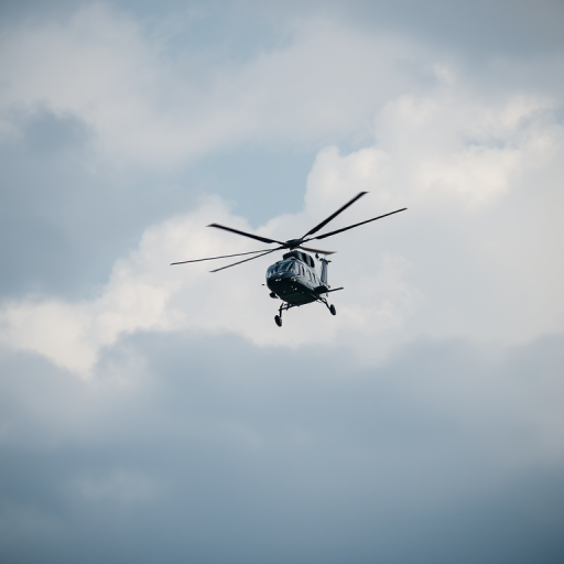 helicopter flying against a cloudy sky, shot with a Canon EOS 5D Mark IV, 70mm lens, f/8 aperture, 1/1000 sec shutter speed, ISO 200, high dynamic range, aerial view, focus on helicopter in sharp detail