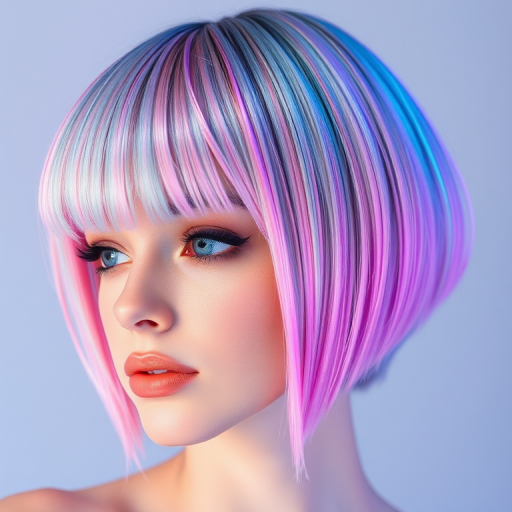 Futuristic hair style revealing holographic pastel hues blended seamlessly on a sharp angled bob with blunt bangs