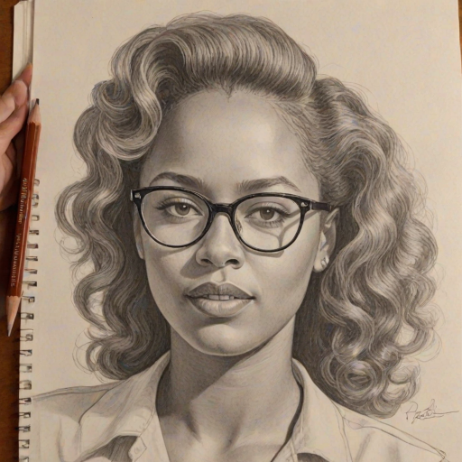 Gorgeous Rachel True, pencil sketch, portrait of Sublime woman 1943s in glasses, hair style beatnik, outline, clear lines, fine lines, 8k