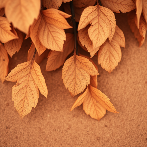 Create a textured background featuring soft, faded leaves with a warm brown gradient, using a DSLR camera at f/4 aperture, ISO 100, 50mm lens, shot from a top-down view in natural lighting for enhanced depth and detail.