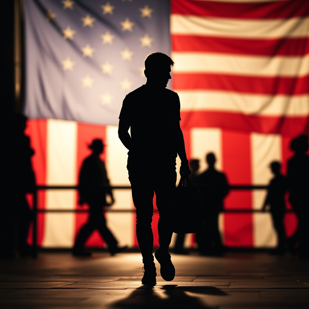Create an image of a silhouette of a person walking with a background featuring the American flag, focus on clear detail, shot with a DSLR camera at f/4, ISO 100, 1/200 sec, in landscape orientation, using a shallow depth of field for enhanced focus on the silhouette.