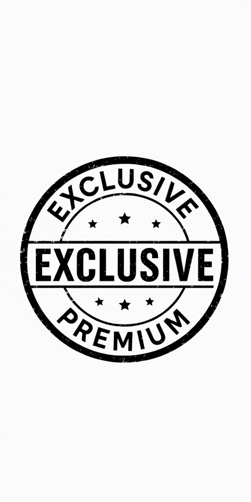 Create a high-resolution image of a circular stamp featuring the word "EXCLUSIVE" in bold letters across the center, with the words "PREMIUM" in smaller text above and below, designed with a modern aesthetic using a DSLR camera, f/2.8 aperture, ISO 100, 50mm lens, shot from a top-down view, employing softbox lighting for an even glow.