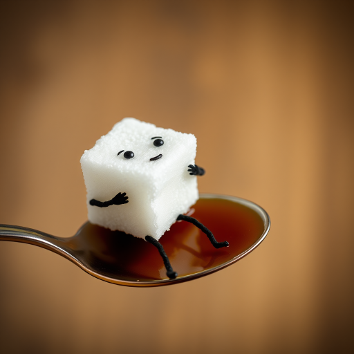 A sugar cube with a face and legs, sitting on a spoon and sipping a tiny cup of coffee.