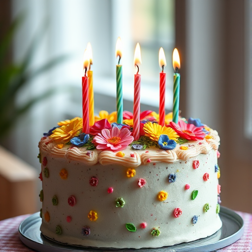 A beautifully decorated birthday cake with colorful icing and flowers, featuring seven lit candles on top, shot with a Canon EOS R5, f/2.8 aperture, 50mm lens, in natural lighting from a soft window source, with a slight bokeh effect to enhance the focus on the cake.