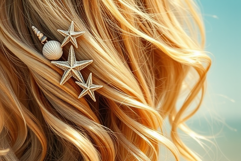 Sun-kissed golden blonde beach waves adorned with intricate seashell and starfish hair pins, evoking the carefree spirit of endless summer days by the shore.