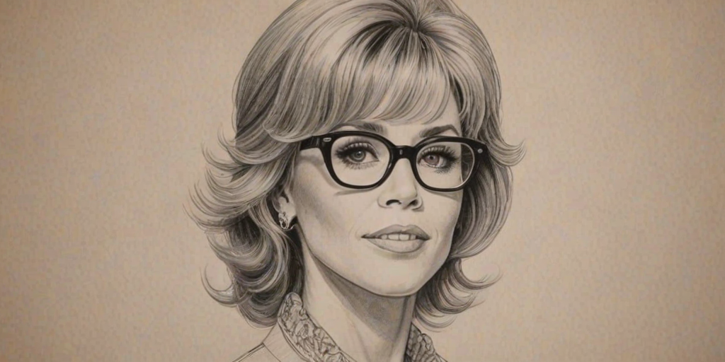 Ravishing Jane Fonda, pencil sketch, portrait of Delightful woman 1961s in glasses, hair style beatnik, outline, clear lines, fine lines, 8k