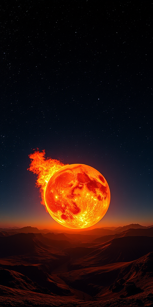 Create a high-resolution image of a fiery planet engulfed in flames against a starry sky, captured with a Nikon D850 at f/11, ISO 100, 1/200 sec, wide-angle lens, focus on the planet with a dramatic view of the landscape below.