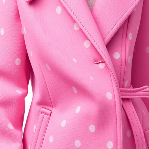 Create a high-resolution illustration of a pink coat with polka dots, using a Canon EOS R5, 50mm lens, f/2.8 aperture, ISO 100, and a soft diffused lighting setup to enhance texture and color vibrancy.