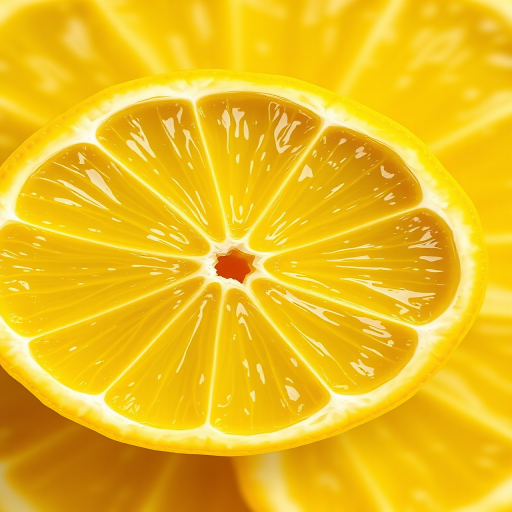 Generate a high-quality image of a fresh lemon slice with vivid yellow color and detailed texture, use a 50mm lens, aperture f/2.8, ISO 100, natural light, top-down view, digital illustration style.