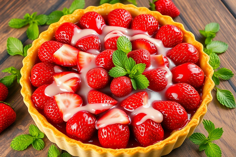 Create an image of a delicious strawberry pie with a golden crust topped with fresh strawberries and a glossy glaze surrounded by green mint leaves on a rustic wooden table.