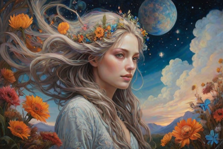 Create a series of imaginative portraits where each subject is infused with elements of fantasy and nature. The hair of the individuals should flow like clouds, varying from soft, fluffy cumulus to wispy cirrus strands, with hints of color reflecting a sunset or a clear blue sky. The eyes should be windows to entire galaxies, with stars, nebulae, and distant planets visible within them. Clothing should be adorned with nature motifs, such as floral patterns that bloom and change, vines that seem to grow and wrap around, or feathers that shimmer with iridescence. Each portrait should capture a unique personality, blending human features with the ethereal beauty of the natural and cosmic world. The backgrounds can vary, from starry night skies to enchanted forests, adding depth and context to the magical realism of the portraits
