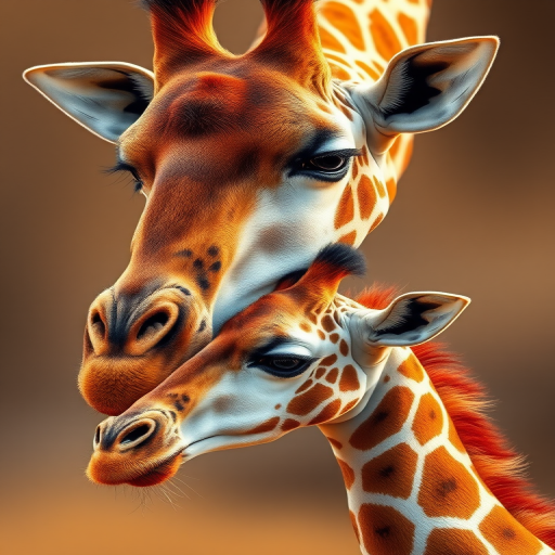 create a digital illustration of a mother giraffe and her calf, focus on detailed textures and warm colors, use a shallow depth of field, shot with a Canon EOS R5 at f/2.8, ISO 100, 50mm lens, soft light for enhanced quality, ensure a smooth background for contrast.