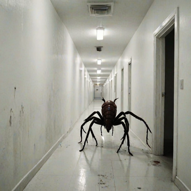 a crooked male with long arms and a creepy smile is crawling along a long white corridor and you can also see cockroaches in it there is a creepy atmosphere creepy art style