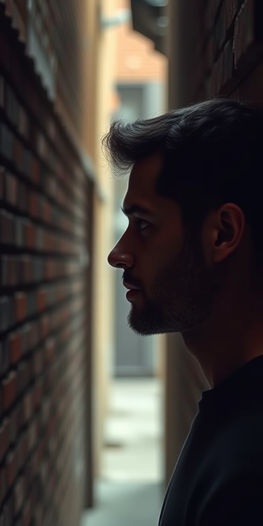 portrait of a man in a narrow, dimly lit alley with brick walls, profile view, soft focus, f/1.8 aperture, 50mm lens, ISO 200, natural lighting, shallow depth of field, cinematic style, high resolution