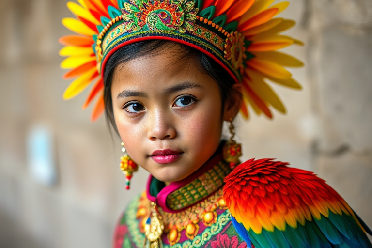 A beautiful Burmese girl, wearing colorful bird clothing with vibrant colors