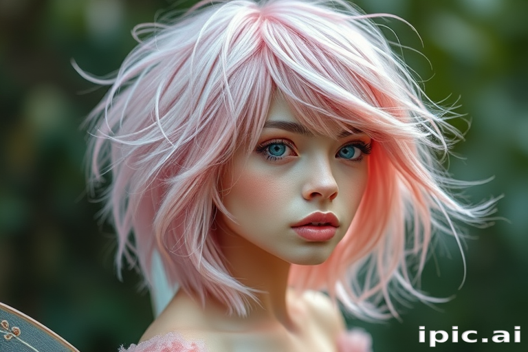 Ethereal pastel pink-haired fairy with a whimsical, layered shag cut, featuring wispy bangs and soft, face-framing tendrils