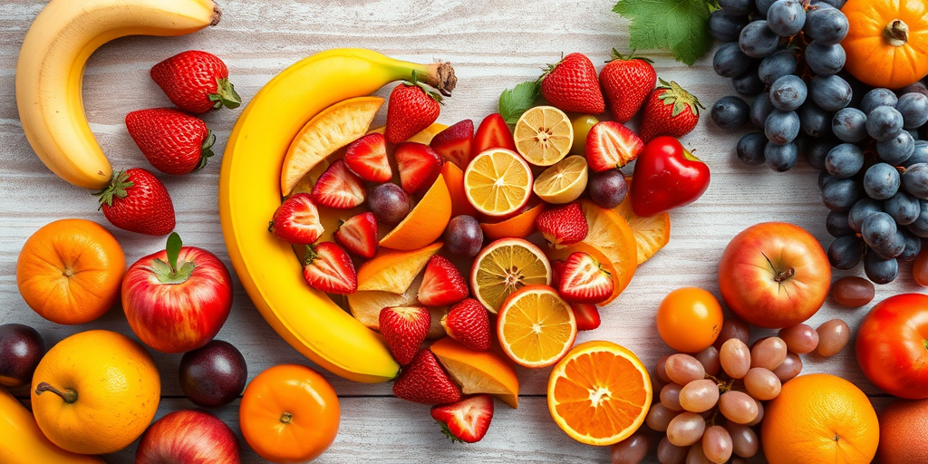 Create an image of a heart shape made entirely of a vibrant assortment of fruits including strawberries, bananas, apples, oranges, and grapes, captured with a DSLR camera at f/2.8 aperture, ISO 100, 1/200s shutter speed, using a top-down view and natural lighting to enhance colors and details.