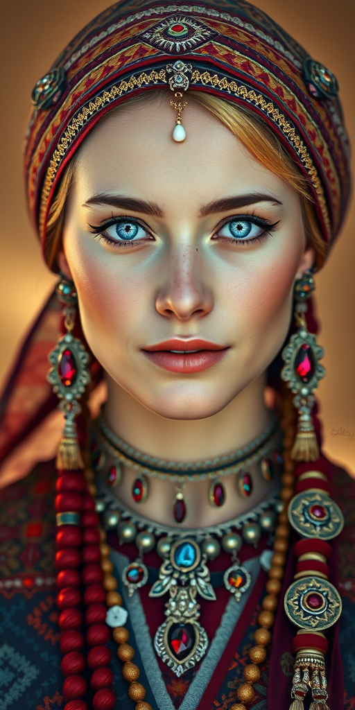 Create a portrait of a beautiful Sami woman with striking blue eyes and a gentle expression. She is adorned in traditional attire with intricate patterns, including a richly embroidered headscarf and matching garments. Her jewelry includes a delicate headpiece, dangling earrings, and ornate bracelets, all featuring vibrant gemstones and detailed metalwork. The background is soft and warm, enhancing the rich colors of her outfit and jewelry.