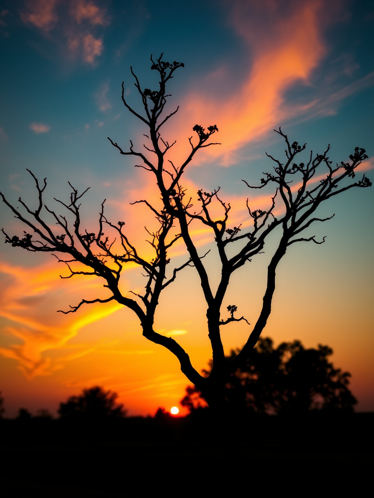 Generate an image of a silhouette of a tree against a sunset, use a DSLR camera with a 50mm lens, aperture f/1.8, ISO 100, shutter speed 1/200s, shot from a low angle with a warm color filter to enhance the vibrant colors of the sky.