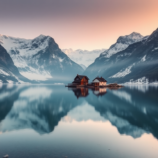 Generate a serene landscape image of a tranquil lake surrounded by snow-capped mountains, featuring a quaint house by the water, captured at dawn with soft natural light, using a DSLR camera with a 24mm lens, aperture set to f/8, shutter speed at 1/60 sec, ISO 100, and a wide angle view to emphasize the reflection on the water surface.