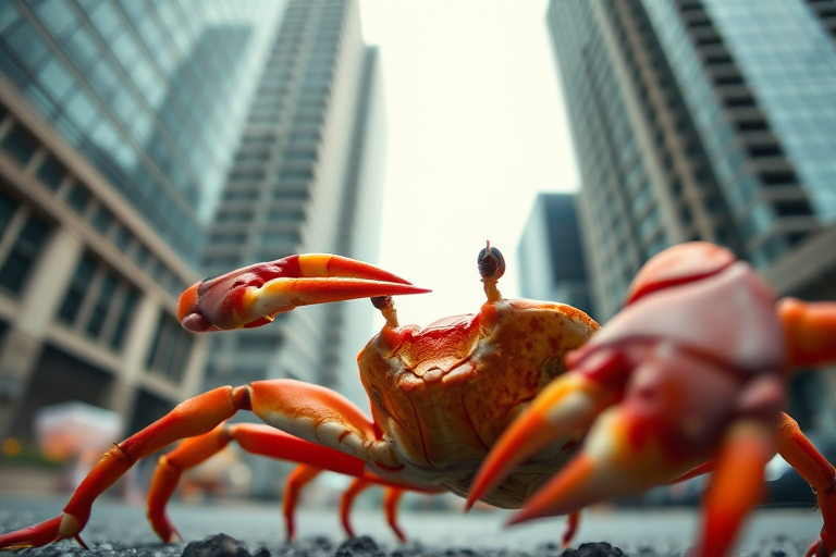 close-up of a crab in an urban environment with skyscrapers in the background, aperture f/2.8, shutter speed 1/250s, ISO 100, DSLR camera, low angle perspective, shallow depth of field
