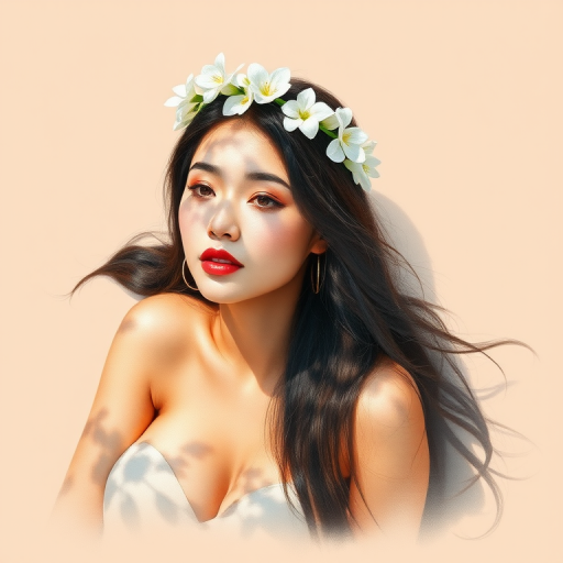 create a watercolor painting of an ethereal portrait of beautiful Malay woman with a simple white flower crown on her head. Her hair is long and she is lying on the ground. The sunlight on the trees casts shadows from the leaves on her face and body. The background is a neutral brown color that matches her skin tone. The image is minimalist and solid colors. This style is characterized by soft, delicate brushstrokes and a light, airy, contrasting color palette. High level of detail and play of light