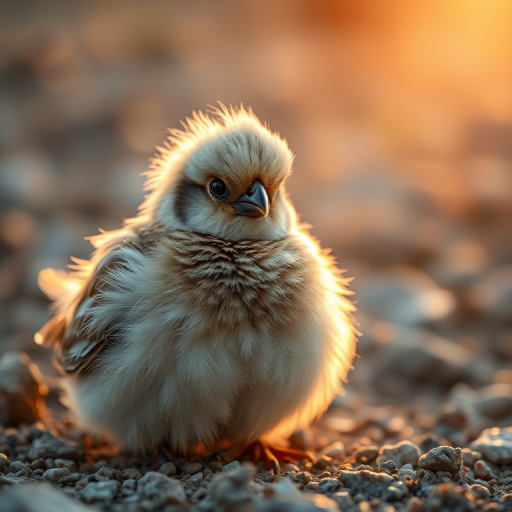 A close-up portrait of a fluffy bird with intricate feathers sitting on a rocky ground, captured during golden hour with a shallow depth of field, using a DSLR camera, 85mm lens, f/1.8 aperture, ISO 200, and a soft natural light.