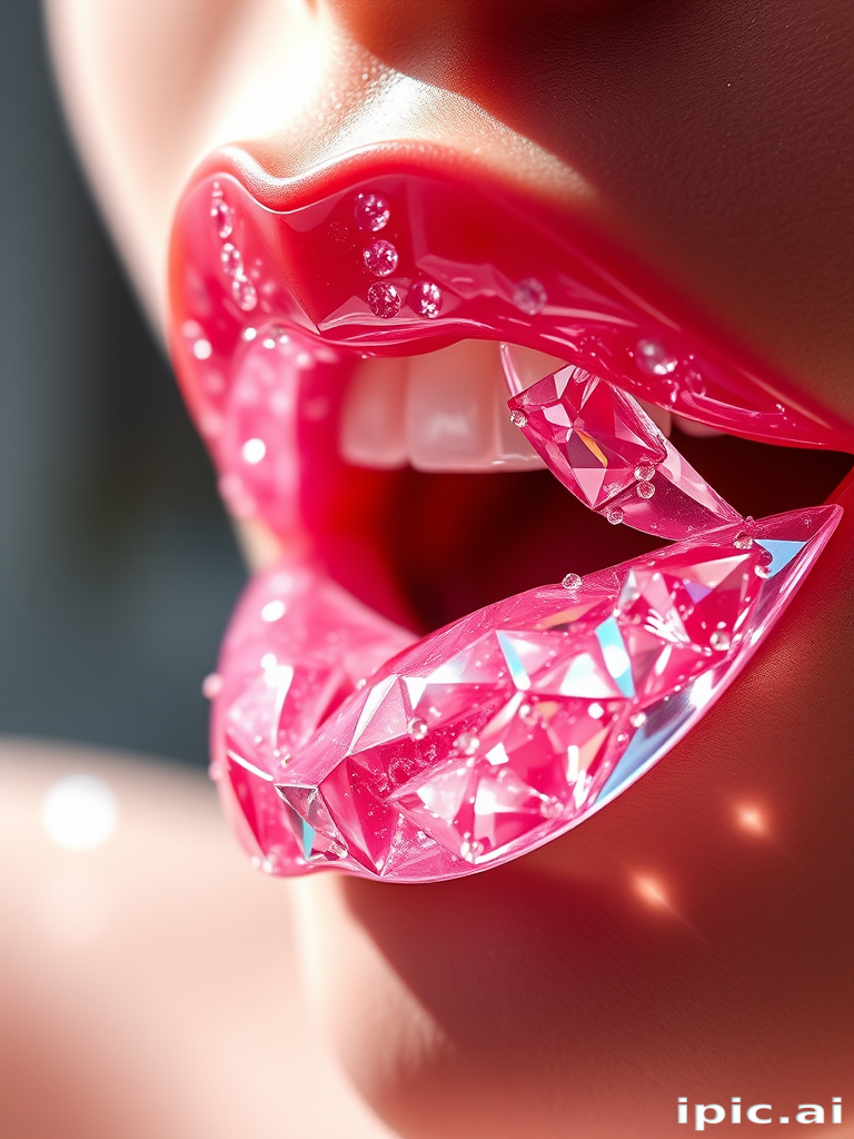 Radiant crystal lips adorned with tiny, faceted gemstones in various shades of pink and clear quartz, catching and reflecting light from every angle