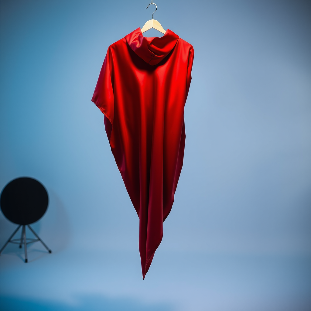 Create a high-resolution image of a red cape hanging with dramatic lighting, using a DSLR camera, aperture f/2.8, shutter speed 1/60 sec, ISO 100, in a studio setting with a soft focus background.