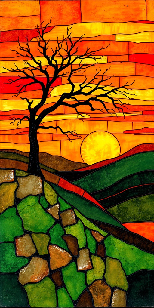 A vibrant abstract painting on Tiffany Glass, blending acrylic and alcohol ink techniques, captures a dramatic sunset over rolling hills. The artwork features a textured, rocky foreground in green and brown, layered abstract hills, and a striking sunset in rich oranges, yellows, and reds. A solitary black tree with intricate branches contrasts against the fiery sky, creating a dynamic and expressive portrayal of a breathtaking natural scene.