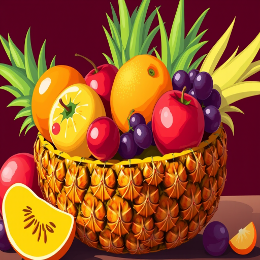 Create a vibrant illustration of a pineapple bowl filled with assorted fruits like apples, grapes, and oranges, using a high-resolution digital illustration style with a 50mm lens for a clear focus, vibrant colors, and high contrast to enhance the details of the fruits and the texture of the pineapple.