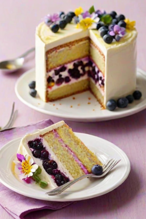 Create an image of a slice of layered cake. The cake should have three distinct layers, with a light yellow sponge, a purple berry filling, and a creamy white frosting on top. Decorate the top with fresh blueberries, a small edible flower, and a lemon slice. The cake should be presented on a white plate with a fork beside it. The background should be bright and cheerful, suggesting a warm, inviting atmosphere.