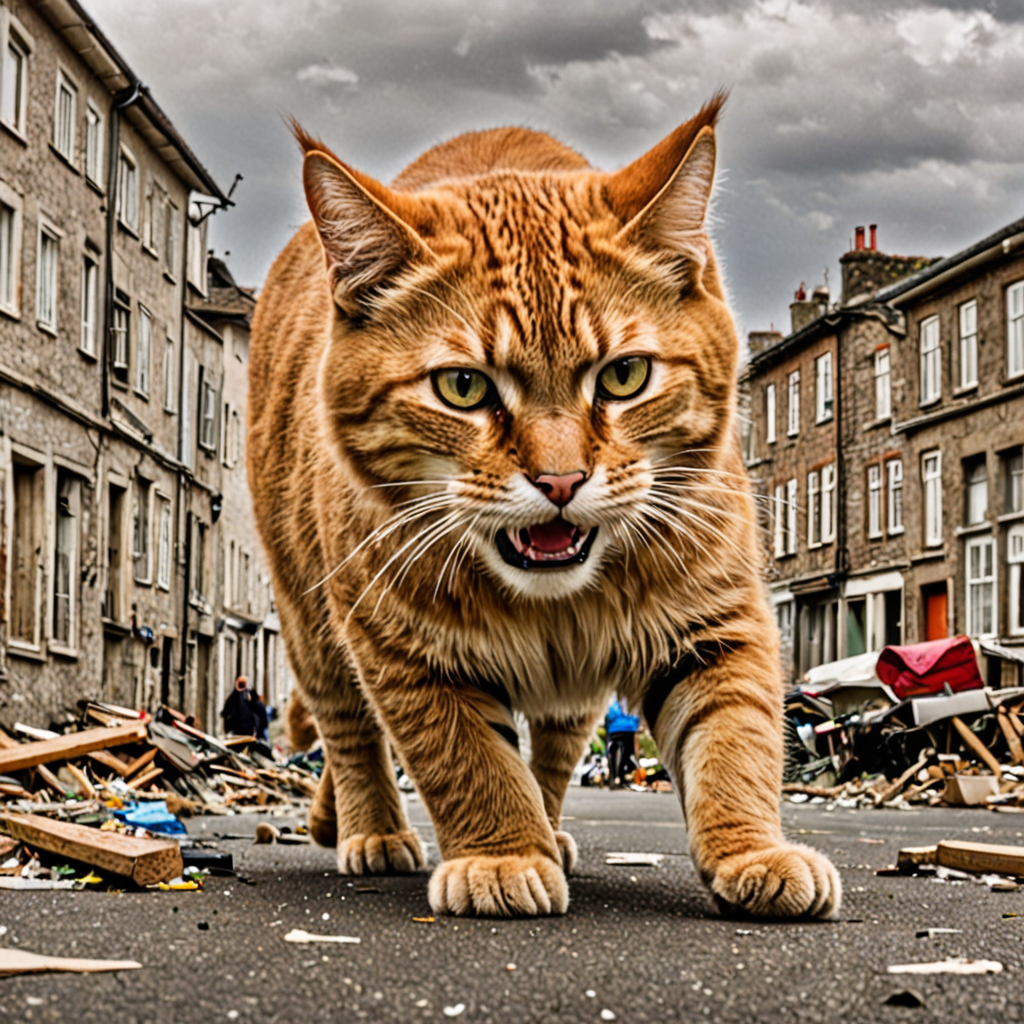giant cat destroying town