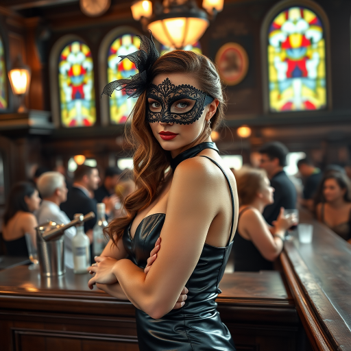 A stylish masquerade scene featuring a woman in a black lace mask and sleek leather dress, posed confidently at a bar in a vintage setting with stained glass windows and a lively crowd; shot with a Canon EOS R5, ISO 100, f/1.8, 50mm lens for a sharp focus and beautifully blurred background, natural ambient lighting for a warm atmosphere.