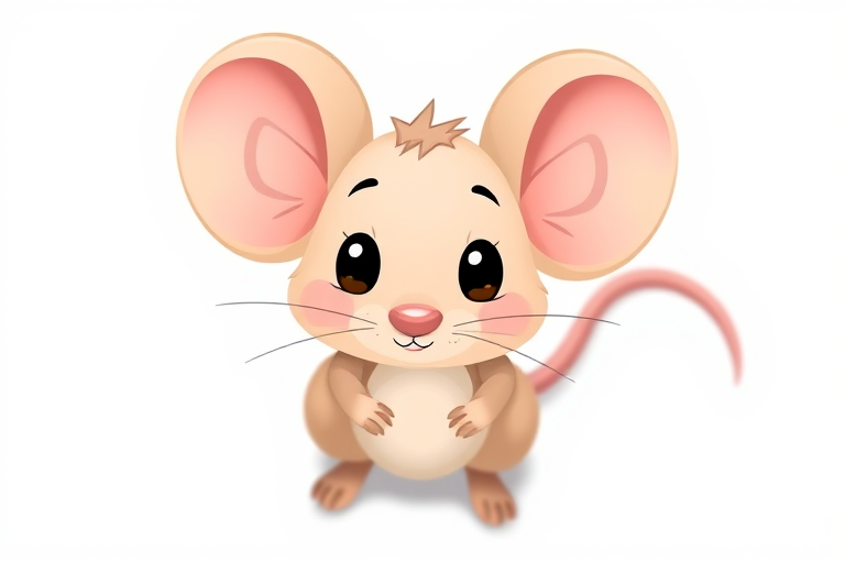 Create a cute cartoon mouse character with large ears and a small body, using a clean vector style and soft colors, captured with a DSLR camera at f/2.8, ISO 100, 50mm lens, top-down view, natural lighting.