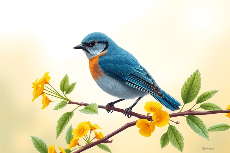 Create a detailed illustration of a small blue bird perched on a branch with yellow flowers and green leaves, with a soft gradient background featuring a subtle sun, using a Canon EOS R5 camera, at f/4 aperture, 50mm lens, and soft natural lighting to enhance color and detail.