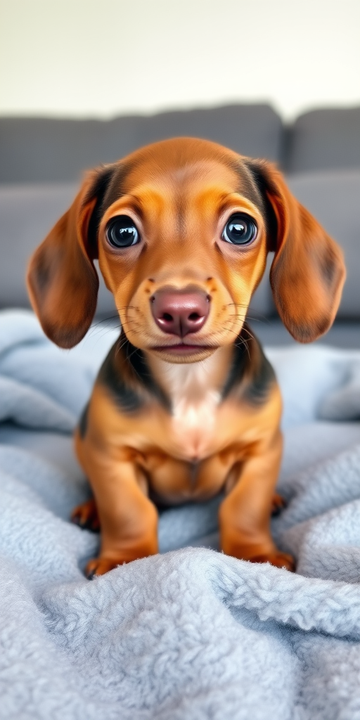 Cute brown dachshund puppy with big eyes sitting on a soft grey blanket looking directly at the camera in a well-lit environment.