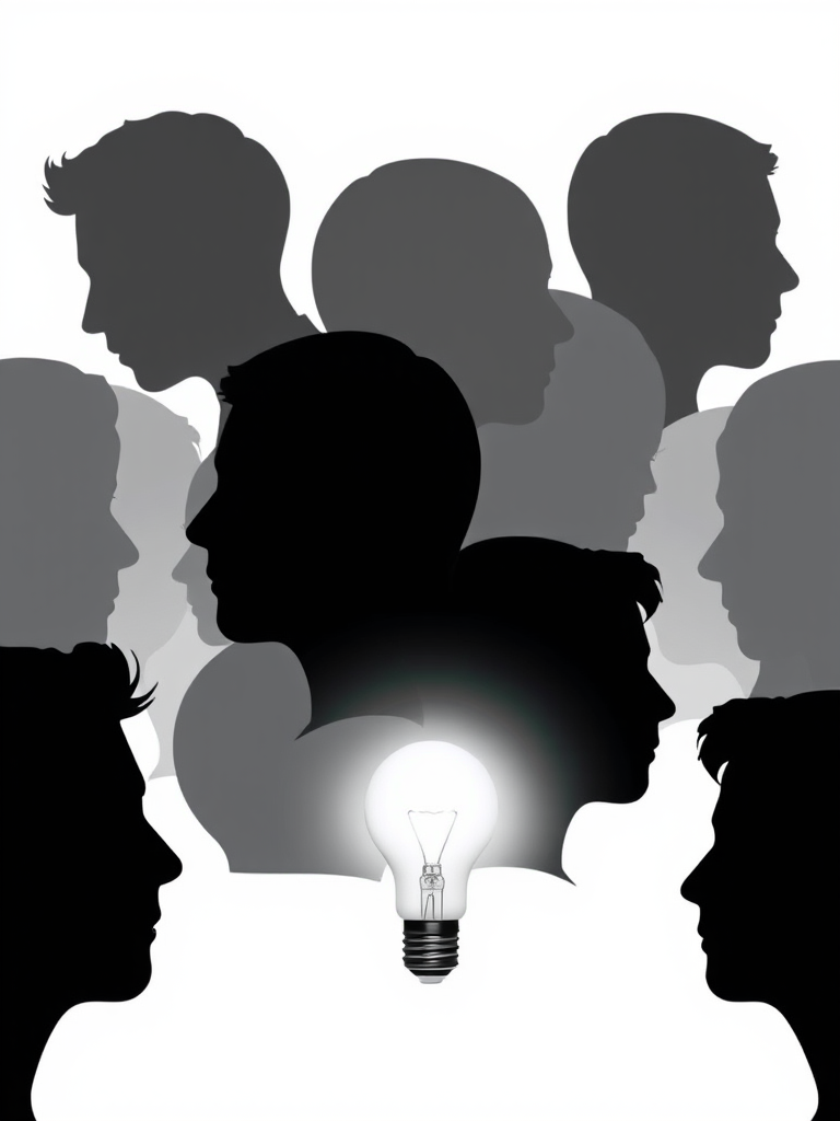 Create a high-contrast illustration of overlapping silhouette profiles of human heads in various shades of gray, with a bright light bulb centered in the foreground, shot with a DSLR camera at f/5.6, 1/125 sec, ISO 100, in a shallow depth of field to enhance detail and clarity, using a top-down view and minimalist style.