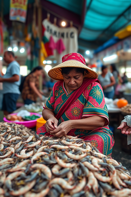 Capture a bustling market scene with a focus on a woman in vibrant clothing peeling shrimp, using a Canon EOS R5 with a 50mm lens, aperture f/2.8, ISO 200, shutter speed 1/125s, natural light, shot from a low angle to emphasize the texture of the ground and the detailed expressions of the vendors.
