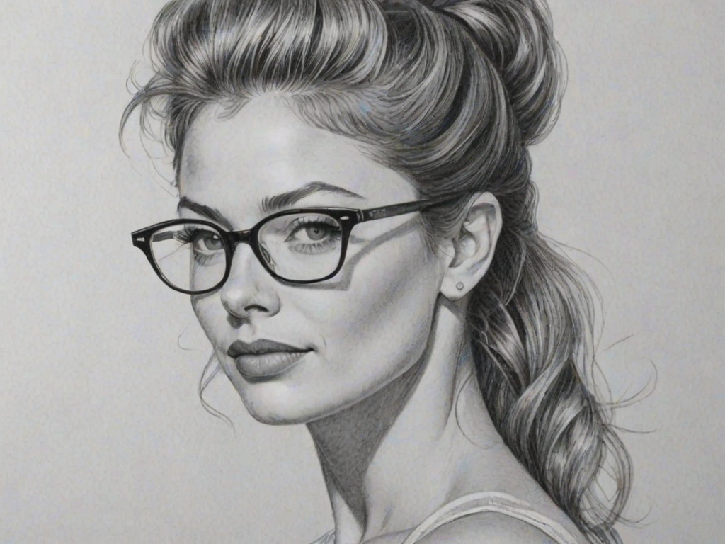 Enticing Rebecca Gayheart, pencil sketch, portrait of Enticing woman 1957s in glasses, hair style beatnik, outline, clear lines, fine lines, 8k