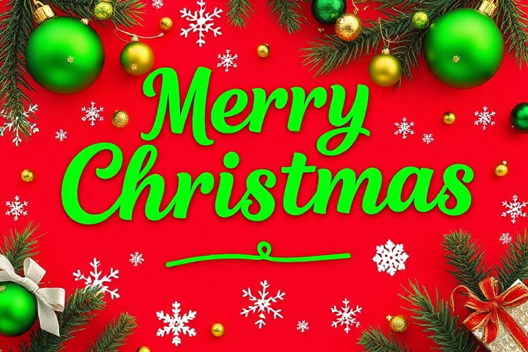 Create a vibrant Christmas-themed digital illustration featuring the text 'Merry Christmas' in a decorative green font surrounded by green ornaments, white snowflakes, and festive elements on a red background, captured with a high-resolution DSLR camera at f/8 aperture, ISO 100, and a 35mm lens for sharp detail and vivid colors.